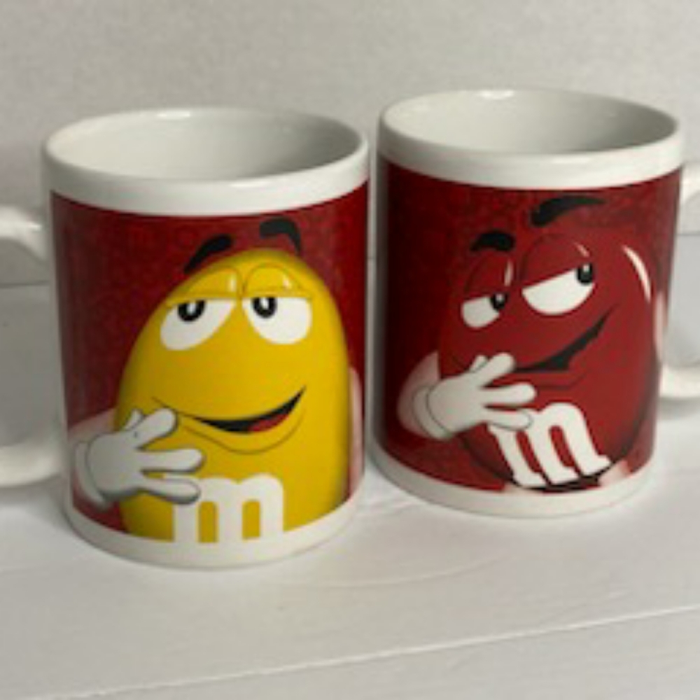 Set of 2 Ceramic M&Ms 12oz Coffee Mugs Red & Yellow